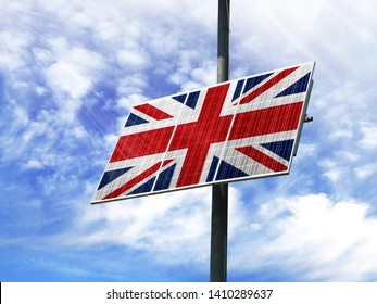 Solar Panels Against A Blue Sky With A Picture Of The Flag Of United Kingdom