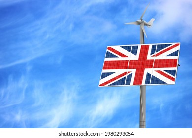 Solar Panels Against A Blue Sky With A Picture Of The Flag Of United Kingdom