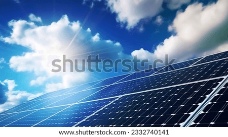 Solar panels with blue sky and sun. Generative AI