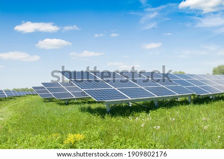 Solar panels and blue sky. Solar panels system power generators from sun. Clean technology for better future
