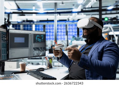 Solar panels factory engineer using VR headset to improve solar energy automation, eco friendly. Photovoltaics manufacturing plant specialist using virtual reality equipment, high tech.