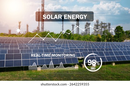 Solar panels in a field generating renewable energy, with digital data overlay showing real-time monitoring and efficiency at 98%, against a backdrop of industrial towers. - Powered by Shutterstock - Get 15% off with code: PIKWIZARD15