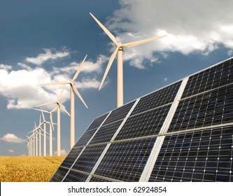 Solar Panels In Front Of Wind Energy Plants And Wheat Field