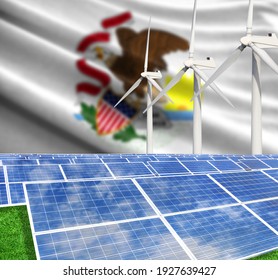 Solar panels on the background with the flag State of Illinois and Wind Turbine