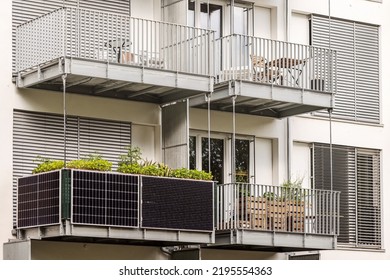 Solar panels on Balcony of  Apartment Building in City. Modern Balcony with Solar Panel.