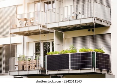 Solar Panels on Balcony of Apartment in Germany. Small Local Solar Panel Energy System on Balcony.