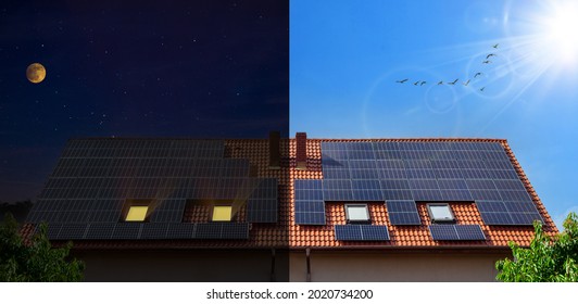 Solar panels on the house during the day and at night - conceptual. - Shutterstock ID 2020734200