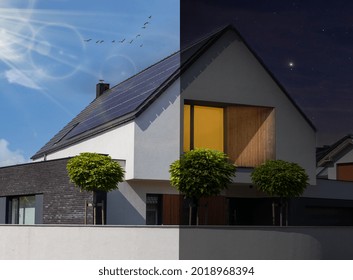 Solar Panels On The Roof. Beautiful Modern House Day And Night. Ecology Idea - Solar Energy At Home