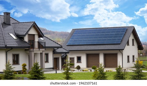 Solar Panels On Roof Of The House Renevable Energy  Green Power Photovoltaic