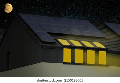 Solar Panels On Roof Of House At Night. Clean Energy Production. Light In Windows Of House. Conceptual Image.