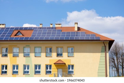 Solar Panels On Roof Of School Building, Renewable Sources Of Solar Power And Energy