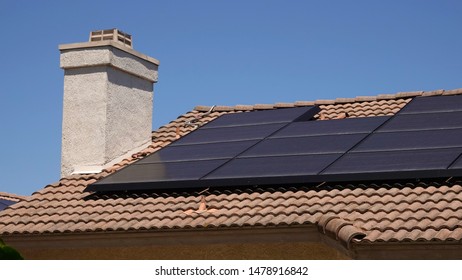 Solar Panels On The Roof Of A Single Family Home In California                                