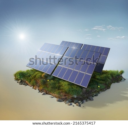 Solar panels on sky background. Solar power plant. Green electricity.	