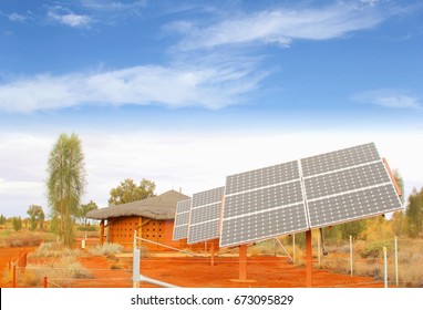 Solar Panels, Sun Energy And Electricity Generation In Desert, Africa. Energy Crisis And Investment Project To Reduce Greenhouse Gas Emissions 