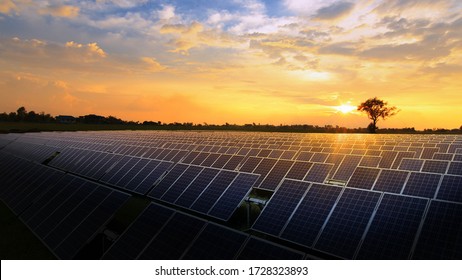 Solar Panels With Sunrise, Sky Warm