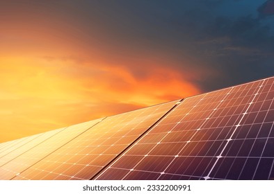 Solar panels in sunset ,Sun energy and clean environment.3D rendering - Shutterstock ID 2332200991