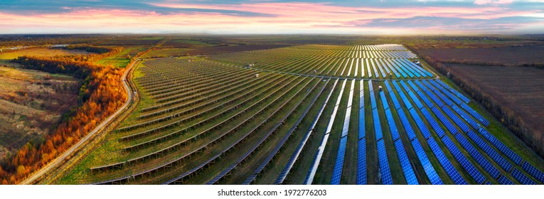 Solar panels in Ukraine, Eastern Europe. New technologies of "green energy" without thermal, chemical, and radiation contamination of the area  civilization. Aerial photo with drone, quadrocopter. - Shutterstock ID 1972776203