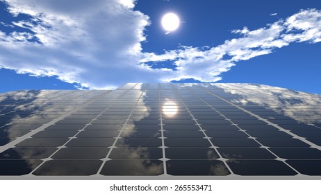 Solar Panels Under The Sky With Clouds And Sun