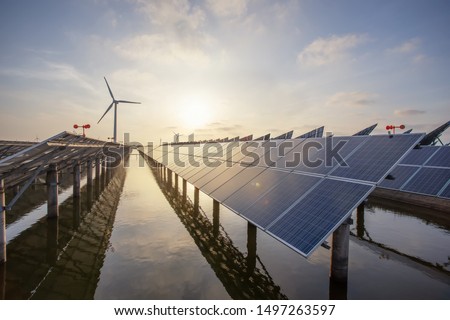 Solar panels and wind power, clean energy in nature