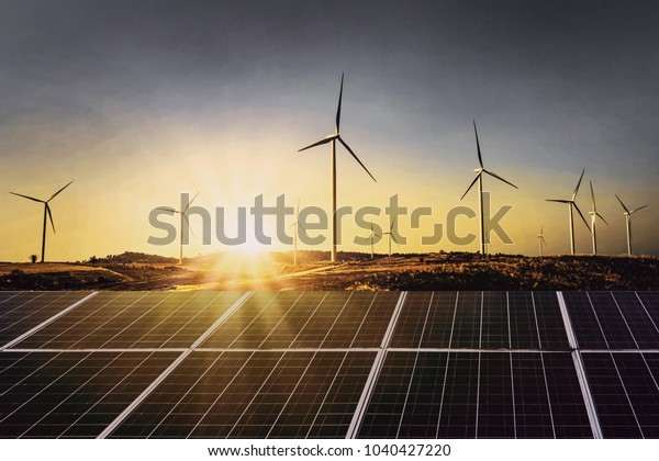 Solar Panels Wind Turbine Sunset Concept Stock Photo 1040427220 ...