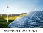 Solar panels and wind turbines in a green field. Renewable energy sources like solar panels and wind turbines are key to sustainable energy solutions. Green energy background.