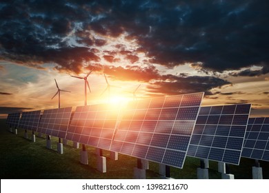 Solar Panels And Wind Turbines On A Sunset Background. Eco Green City Theme. Environmentally Sustainable Energy Supply.