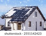 Solar Panels in Winter. Solar Panel Station on Roof House in Sunny Winter Day with Falling Snow.