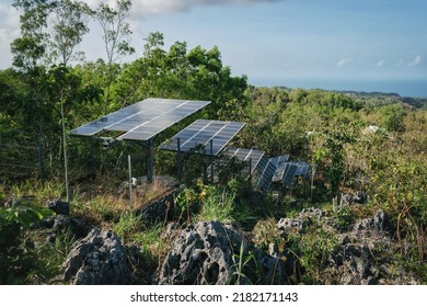 Solar Pannel Field On Top In The Hill, With Ocean Or Sea View