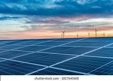 Solar photovoltaic modules during sunset in power plant, Netherlands