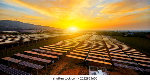 Solar Photovoltaic Power Station In The Sunset