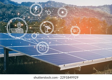 Solar power panels station with outdoor landscape background. Environment electricity renewable sun energy. Photovoltaic eco-green technology research saving. Business battery cell array clean system.