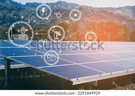 Solar power panels station with outdoor landscape background. Environment electricity renewable sun energy. Photovoltaic eco-green technology research saving. Business battery cell array clean system.