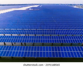 Solar Power Station Scenery. Solar Photovoltaic Power Station On Water. Green Energy Concept.