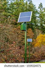 Solar Powered Lights In A Park To Light The Treed Walking Path And Nearby Roadway - Panels On Green Poles With Forest Backdrop