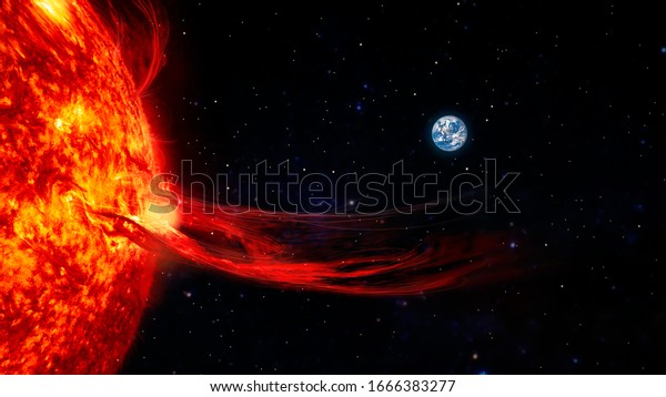 Solar prominence, solar flare, and\
magnetic storms. Influence of the sun\'s surface on the earth\'s\
magnetosphere. Elements of this image furnished by\
NASA.