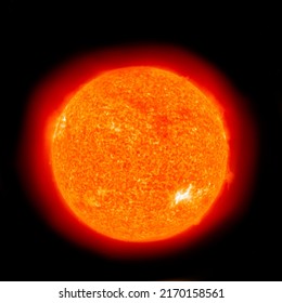 Solar Storm, A Flare Bursts From The Sun, Close Up Sun Telescope Image, The Coronal Mass Ejection, Solar Activity. Elements Of This Image Furnished By NASA. Posterization Effect. Selective Focus