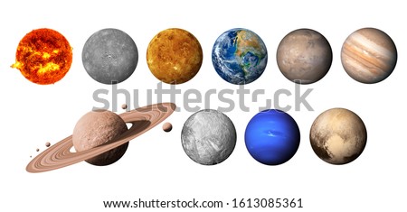 The solar system consists of the Sun, Mercury, Venus, Earth, Mars, Jupiter, Saturn, Uranut, Neptune, Pluto. isolated with clipping path on white background.Elements of this image furnished by NASA Stockfoto © 