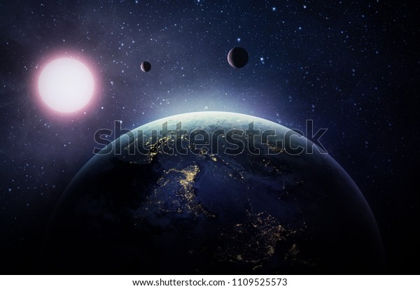 Solar system with Earth, Sun and\
other planets in the space. Abstract wallpaper. City lights on\
planet. Civilization. Elements of this image furnished by\
NASA