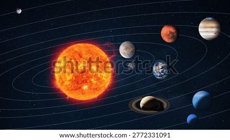 the Solar System featuring the Sun and planets in their orbits. This high-quality cosmic visualization shows celestial bodies like Earth, Mars, and Saturn in space. Space and Sun with planes, concept