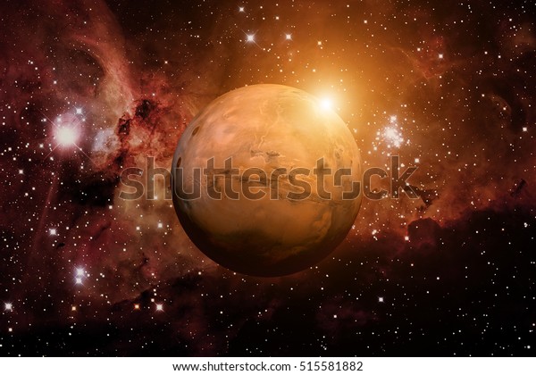 Solar System - Mars. It is the fourth planet from\
the Sun. Mars is a terrestrial planet with a thin atmosphere,\
having craters, volcanoes, valleys, deserts. Elements of this image\
furnished by NASA