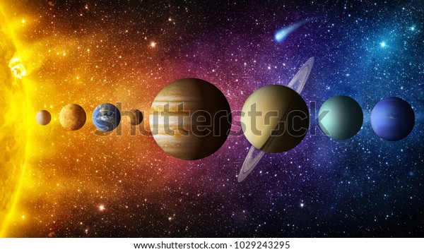 太阳系行星 彗星 太阳和恒星 这个图像由美国航空航天局提供的元素 太阳 水星 金星 地球 火星 木星 土星 天王星 海王星 科学和教育背景 库存照片 立即编辑