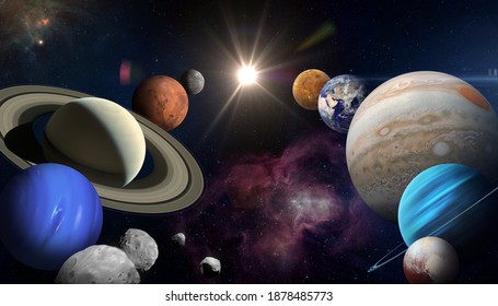 Solar System Planet, Sun And Star. Sun, Mercury, Venus, Planet Earth, Mars, Jupiter, Saturn, Uranus, Neptune. Sci-fi Background. Elements Of This Image Furnished By NASA. 