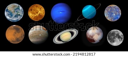 The Solar System planets and the Moon on black background. Elements of the image furnished by NASA.