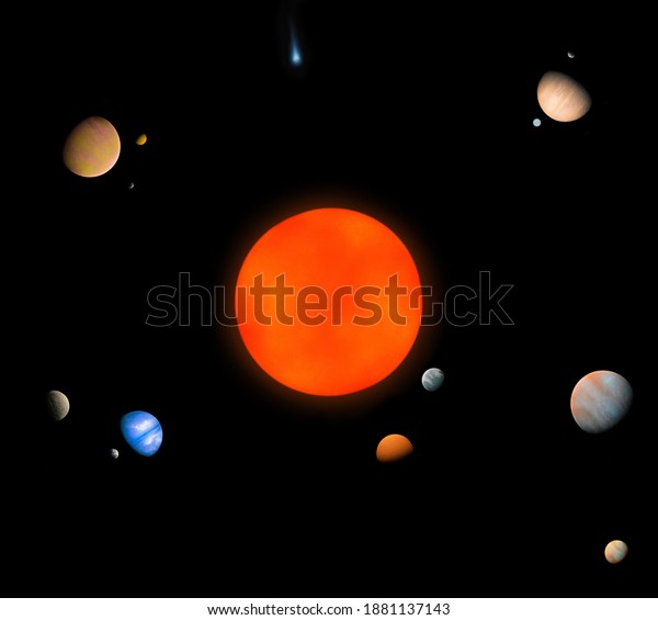 Solar system with\
planets and satellites. Extrasolar system with a star and\
exoplanets. Alien planetary\
system.