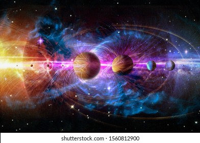 Solar system planets set. The Sun and planets in a row on universe stars and lines of gravity background. Elements of this image furnished by NASA.  - Shutterstock ID 1560812900