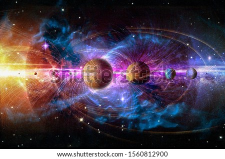Solar system planets set. The Sun and planets in a row on universe stars and lines of gravity background. Elements of this image furnished by NASA. 