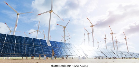 solar and wind farm of solar panels and turbines with cloud sky and sun glint on the panels. 3d rendering - Shutterstock ID 2208706813