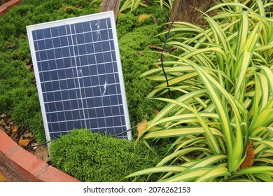 Solar-powered cells in backyard garden, selective focus. Ecology concept.