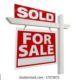 Sold Home For Sale Real Estate Sign Isolated On A White Background.