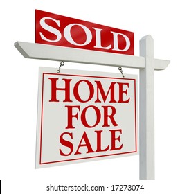 Sold Home For Sale Real Estate Sign Isolated On A White Background.